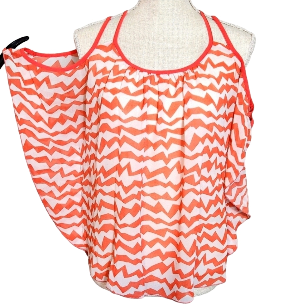 Umgee | Small | Orange Abstract Chevron Sheer Blouse Cold Shoulder Top